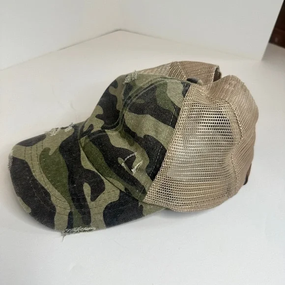 Women’s C.C. Camo Distressed Adjustable Ponytail Baseball Cap Hat - Picture 5 of 6
